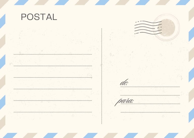 Tarjeta postal con sello de correos y review de cliente