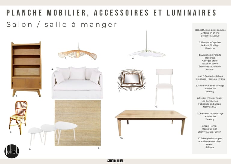 planche mobilier accessoires et luminaires pour le salon salle à manger rénovation maison vendée