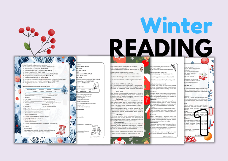 Winter Reading comprehension, vocabulary and speaking teens/adults ELA ESL