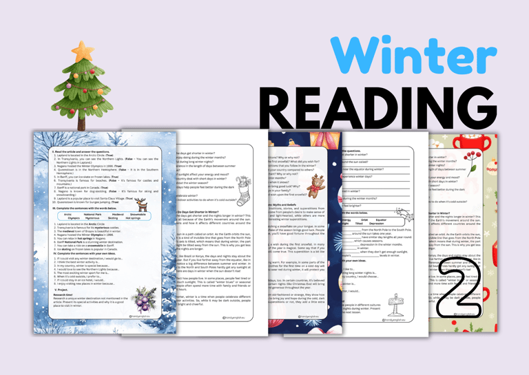 Winter Reading comprehension, vocabulary and speaking teens/adults ELA ESL