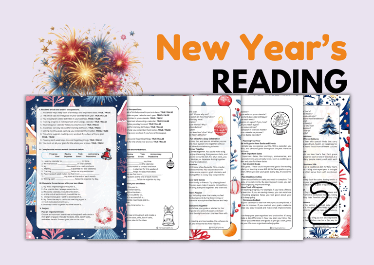 New Year Passages Reading comprehension, Vocabulary andSpeaking ELA ESL