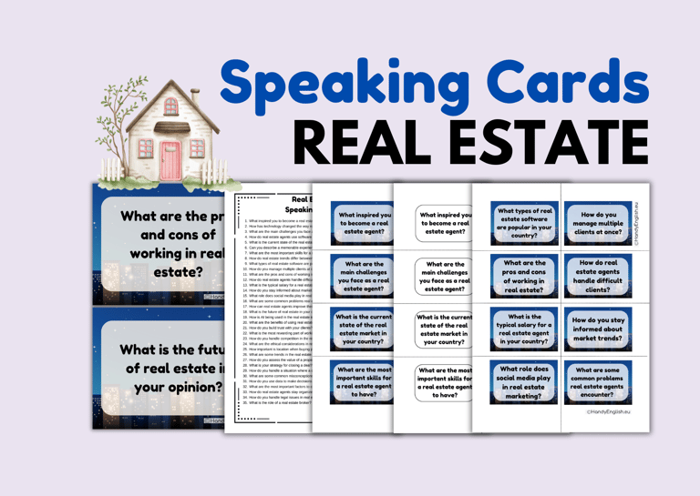 REAL ESTATE - Speaking Cards for ESL and ELA and/or for Real Estate Agents/Students