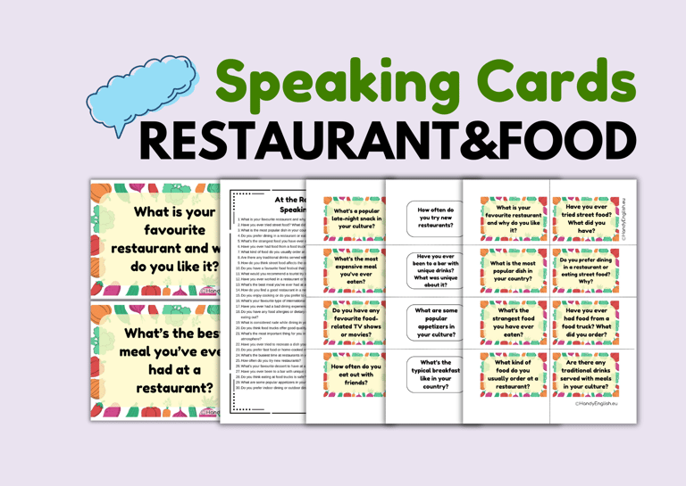Speaking cards food and restaurant ordering food in english activities pdf