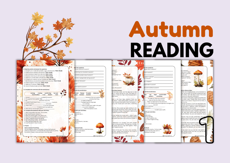 Autumn Reading Comprehension for English Lessons Digital and Printable