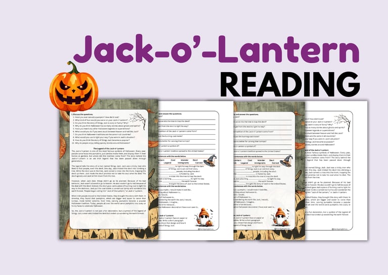 Jack-o-Lantern Halloween Reading Comprehension for English Lessons Digital and Printable