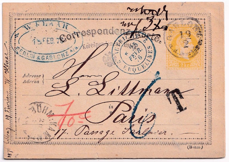1876, carte postale de GABLONZ (Empire autrichien) pour PARIS.