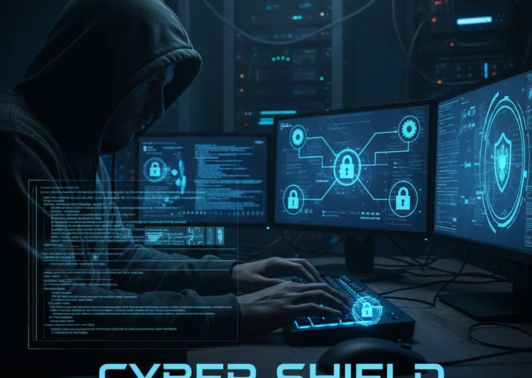 Digital cyber shield graphic with security interface on multiple screens