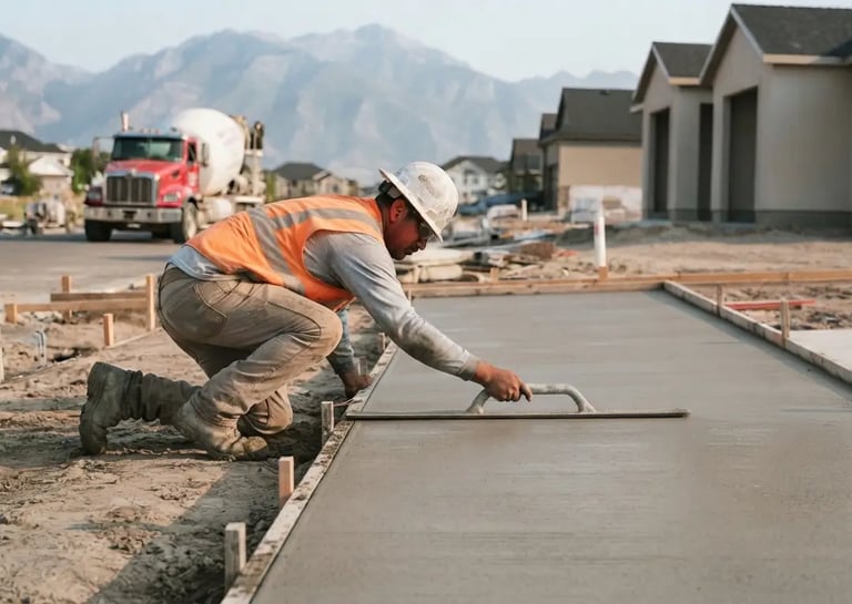 South Jordan concrete worker finishing a residential driveway pour