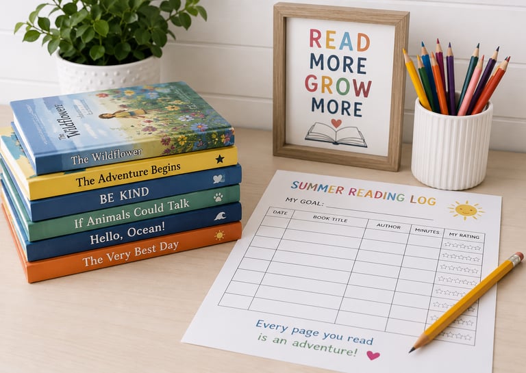 Children’s books, reading log, and pencil for a summer reading challenge.