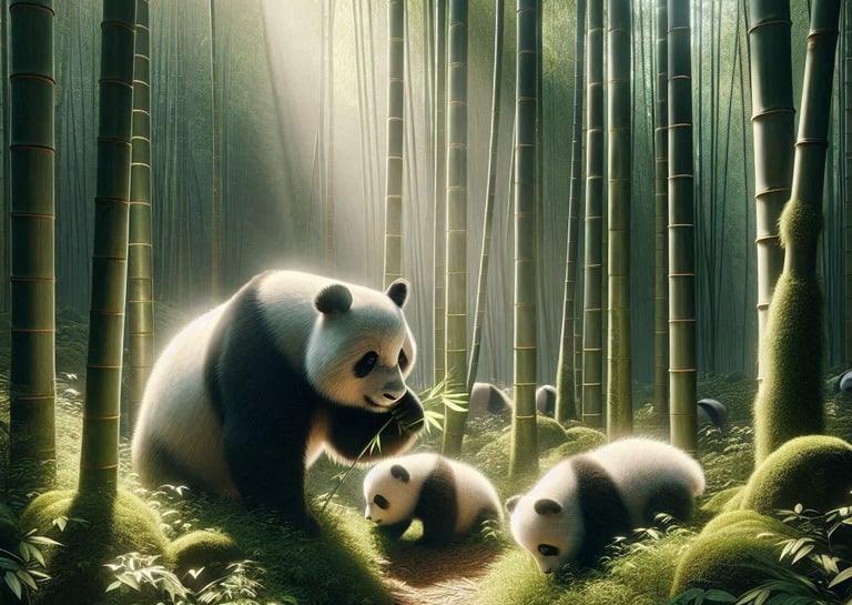 a panda bear and her cubs in a bamboo tree