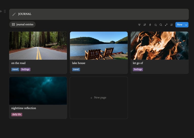 Digital journal dashboard with photo entries for travel and feelings in a dark mode app interface.