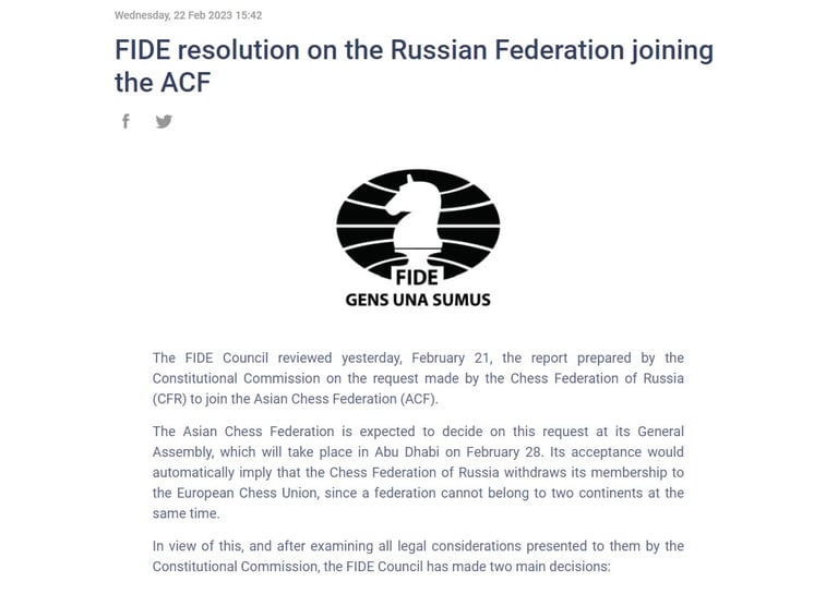 FIDE resolution on the Russian Federation joining the ACF