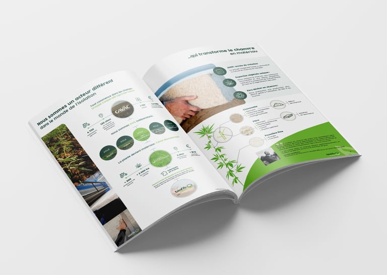 Un catalogue ouvert présentant un schéma explicatif sur le chanvre et son utilisation en isolant