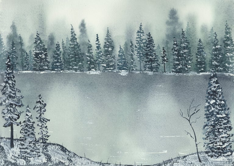 a watercolor painting of a lake with trees and snow