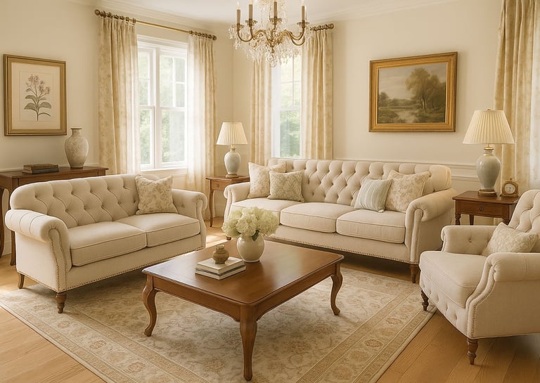 Traditional living room with tufted sofa, carved wood table, and layered curtains.