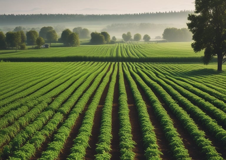 A vast agricultural landscape featuring lush green fields in the foreground and golden wheat or grass fields beyond. In the distance, there are clumps of trees and palm trees, with a backdrop of mountains under a clear blue sky. A small cluster of buildings can be seen to the right.