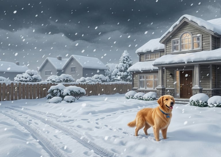 A Golden Retriever dog standing in a snowy front yard of a suburban house during a winter storm.