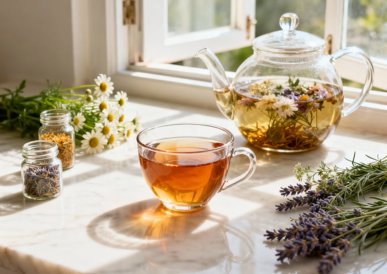 glass teapot with herbal tea and flowers in soft natural light on a refined table setting