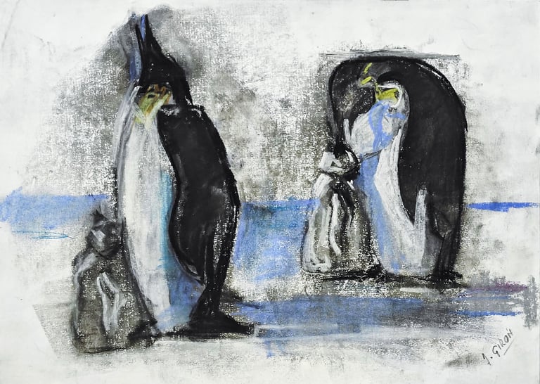 Pingüinos, pastel del artista pintor Argi Girón. Penguins pastel artist painter art