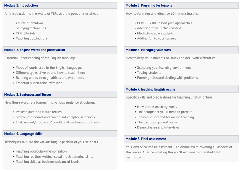 10 module headings and their content, for a TEFL course.