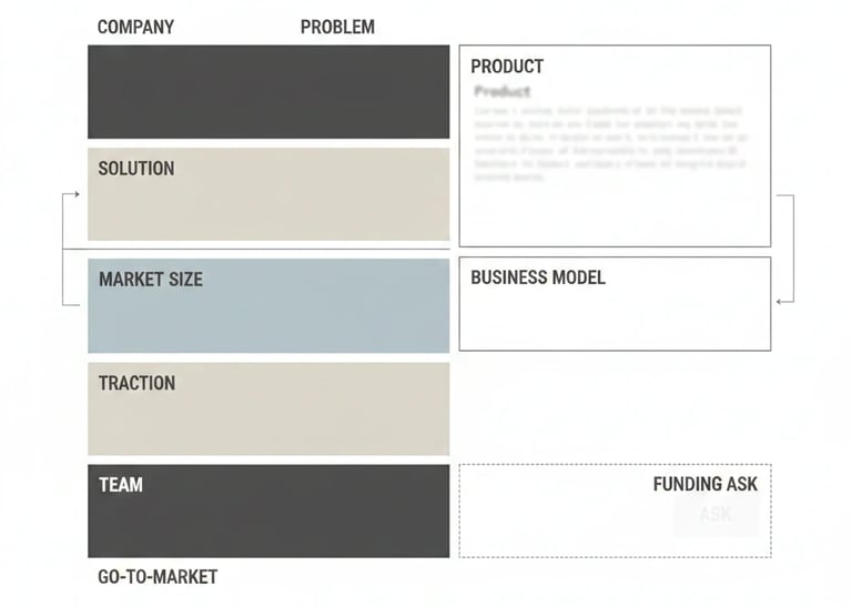 A minimalist pitch deck layout broken into clear sections on a white canvas, with several sections i