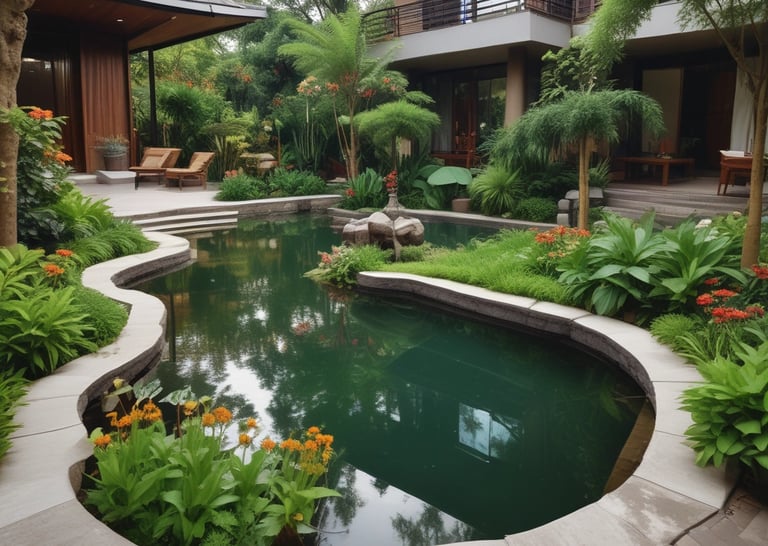 A gardener carefully planting colorful flowers in a lush backyard garden.