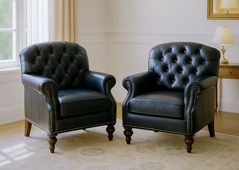 Two tufted black leather armchairs in a bright living room with soft drapes, sconces, and mirror.