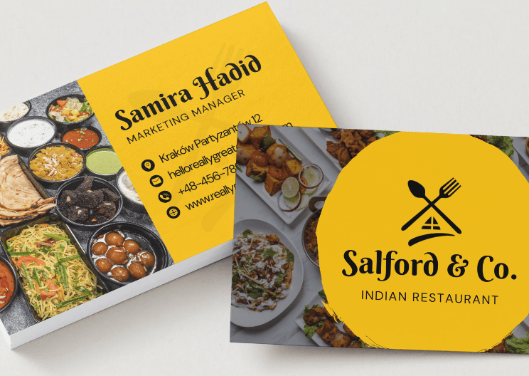 a business card with a fork and knife on it