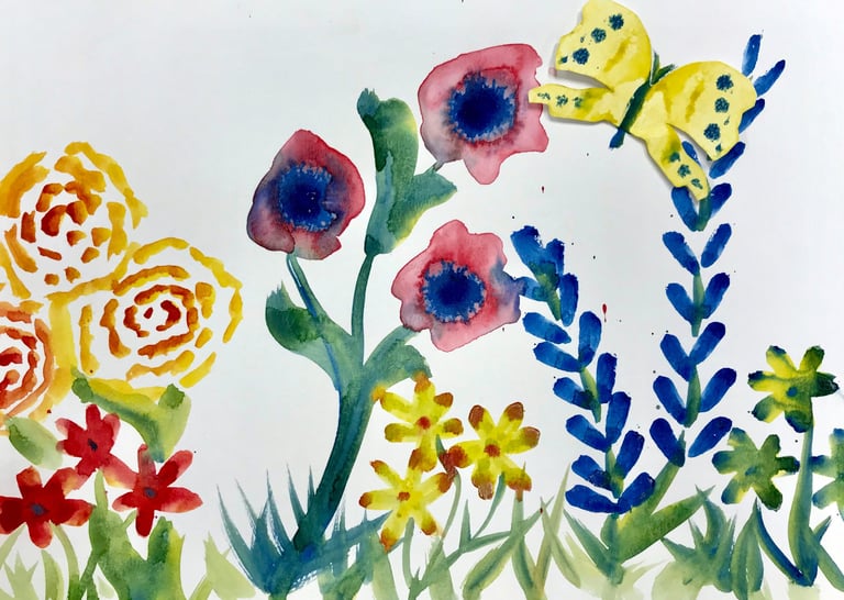 watercolor landscape featuring flowers and butterflies