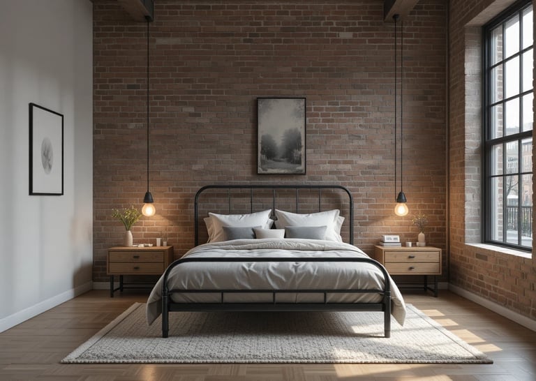 Dormitorio industrial moderno luminoso con pared de ladrillo visto, cama de metal negro y decoración