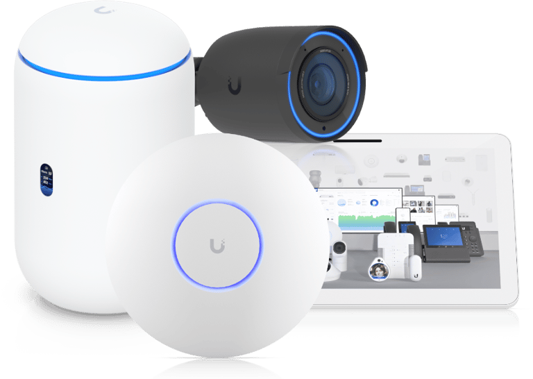 Ubiquiti UniFi networking gear featuring a WiFi 6 access point, security camera, and Dream Router.