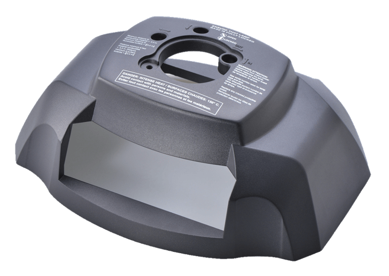 complex plastic enclosure made via injection molding, featuring a large central opening