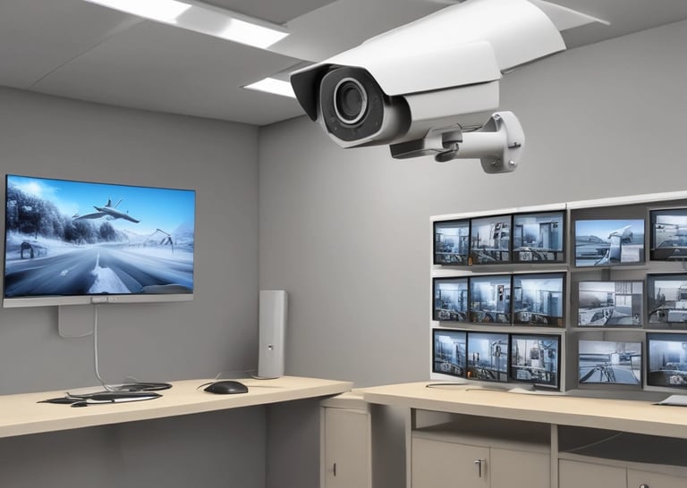 A MacBook Pro laptop displaying a software development environment with code on the screen. The desktop interface includes a smartphone emulator showing various application screens. The scene conveys a tech-focused workspace on a wooden surface.