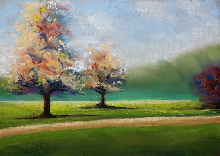 Brabyns without Dad ​Vibrant soft pastels showing a path through a grassy field with bright trees