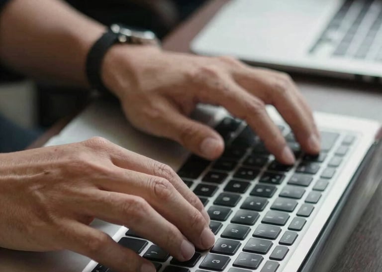 Detailed shot of hands working on a high-end laptop in a Southeast Asian / Indonesian professional environment, soft lighting.