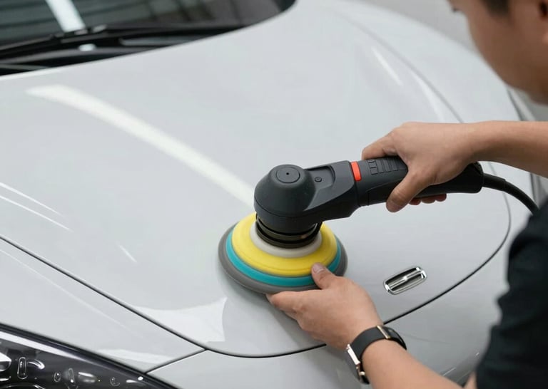 Shiny black car hood reflecting light after professional polishing.