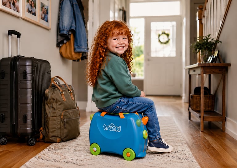 Smiling young girl with red curly hair sitting on a blue Trunki ride-on suitcase in a hallway.