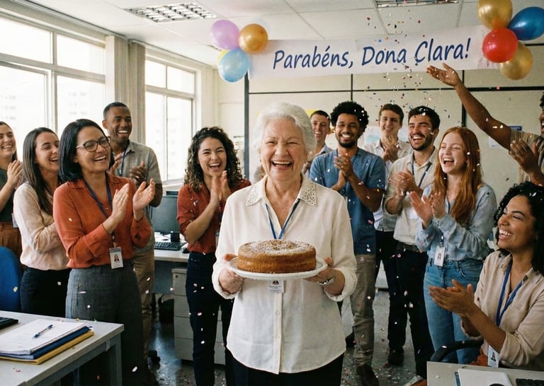 Imagem de uma servidora pública de em torno de 60 anos na festa de sua aposentadoria