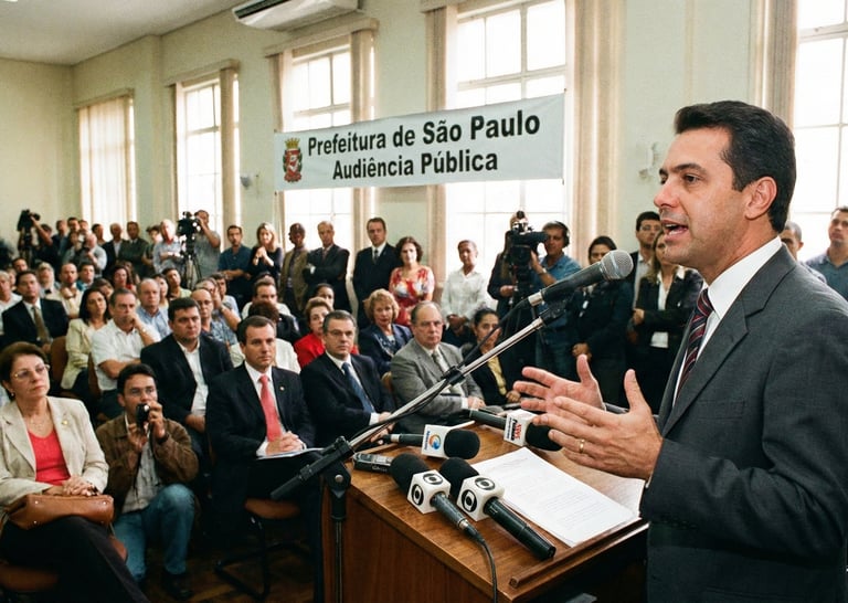 Imagem de um político e gestor público, de em torno de 40 anos, dando um discurso