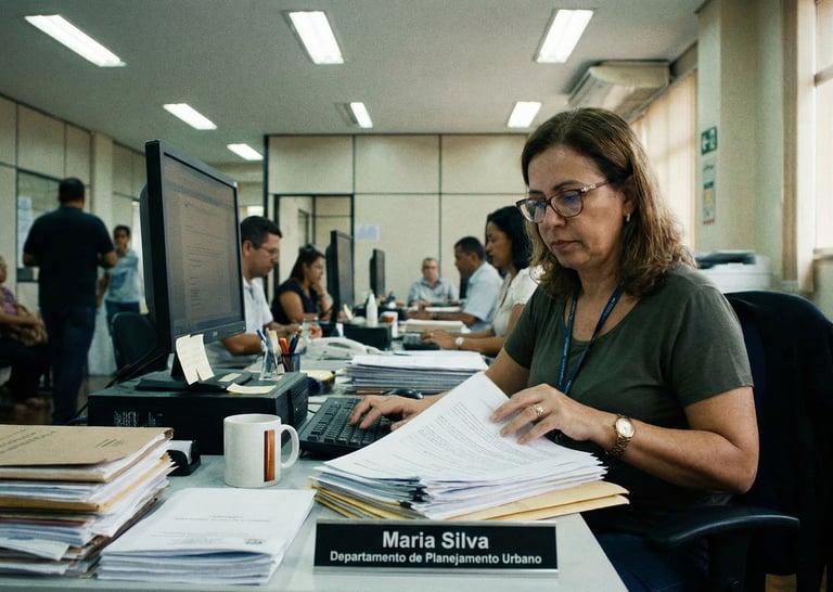 Imagem de uma servidora pública de cerca de 50 anos mexendo em papéis em sua mesa