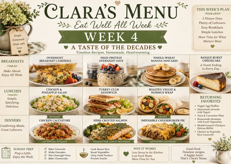 Weekly meal plan titled Clara's Menu featuring a variety of healthy homemade recipes and meal prep tips.