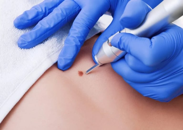 Dermatologist performing a laser mole removal procedure on a patient's skin.