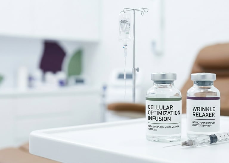 A composition showing a wrinkle relaxer vial alongside an NAD+ infusion vial and an IV drip, symboli