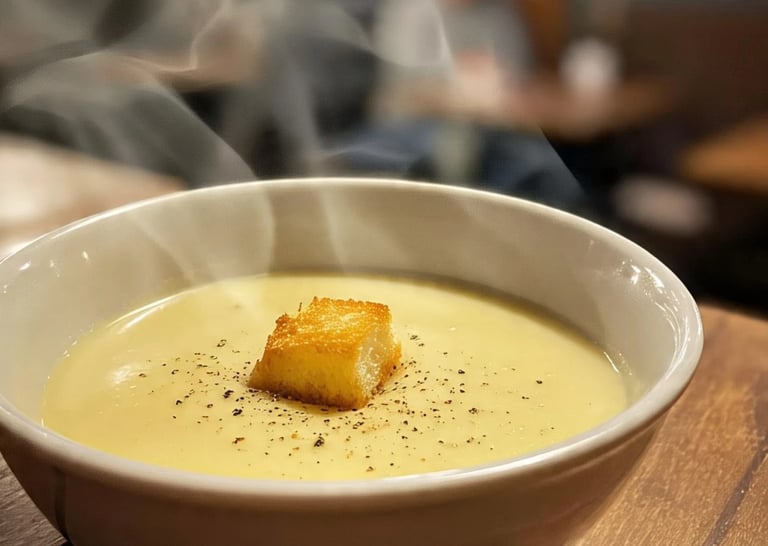 a bowl of soup with a piece of breaded bread