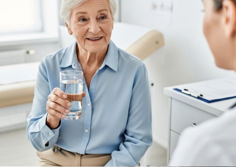 Pessoa idosa em consultório médico, segurando um copo de água enquanto conversa com profissional de saúde