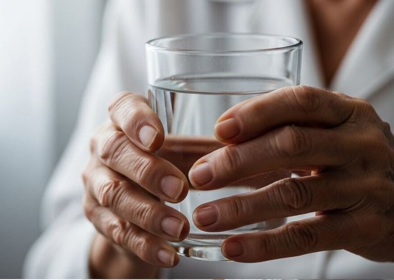 mãos de uma pessoa idosa segurando um copo de água em ambiente clínico, fundo neutro, iluminação branca suave,.