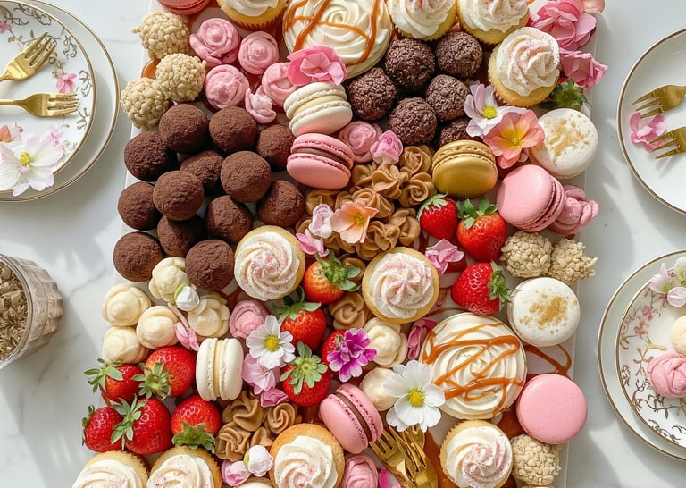 a plate of desserts and desserts on a table