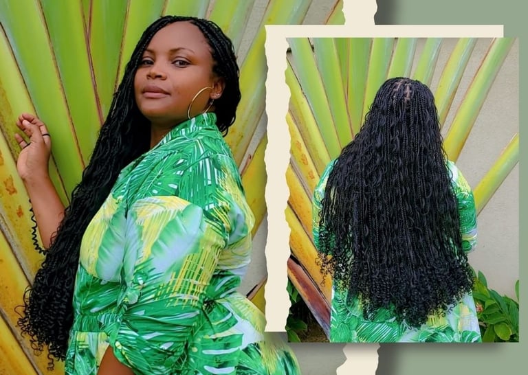 Stylish tribal braids with curls professionally done at Kwik Fingaz Beauty Salon in Montego Bay.