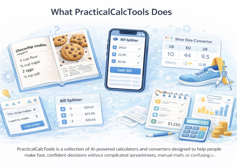 AI-powered calculators and smart tools processing real-world data for conversions, budgeting, recipes,everyday calculations