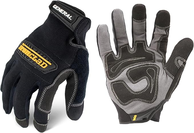 Ironclad General Utility work gloves featuring black synthetic leather with reinforced palms and knuckles.